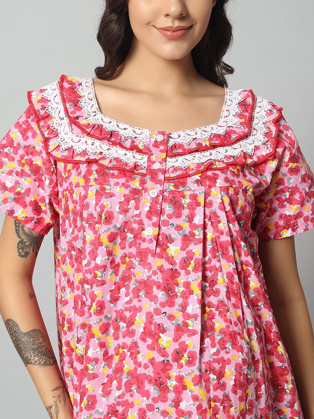 💚 Women Cotton Printed Nighty – Turquoise Floral Short Sleeve Night Gown (Copy)