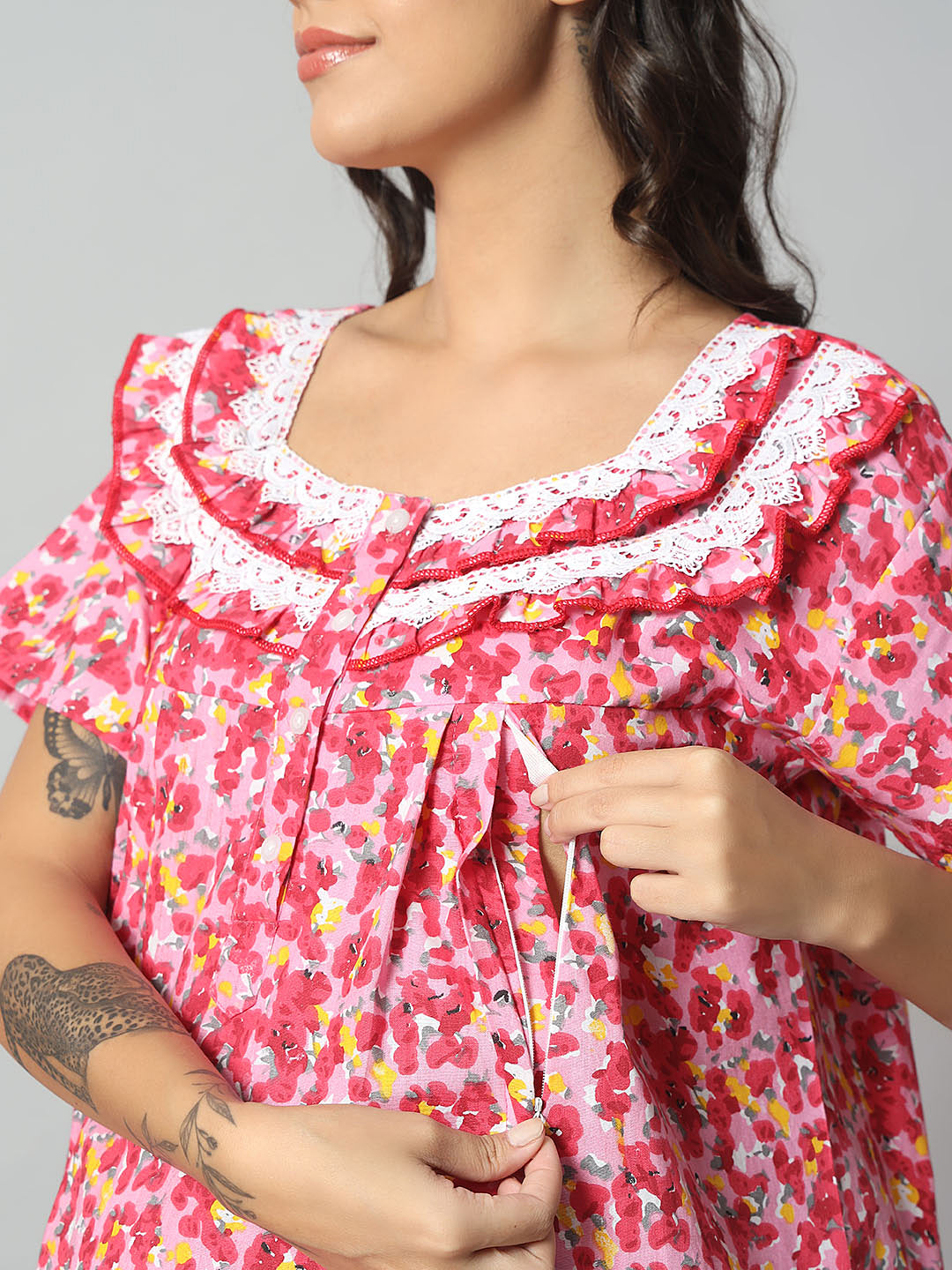 💚 Women Cotton Printed Nighty – Turquoise Floral Short Sleeve Night Gown (Copy)