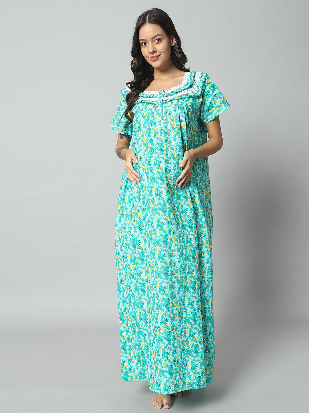 💚 Women Cotton Printed Nighty – Turquoise Floral Short Sleeve Night Gown