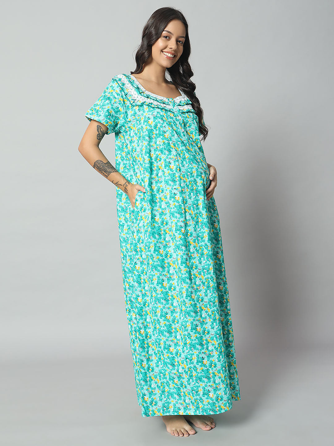 💚 Women Cotton Printed Nighty – Turquoise Floral Short Sleeve Night Gown