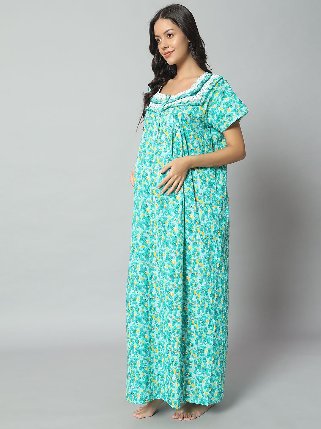 💚 Women Cotton Printed Nighty – Turquoise Floral Short Sleeve Night Gown