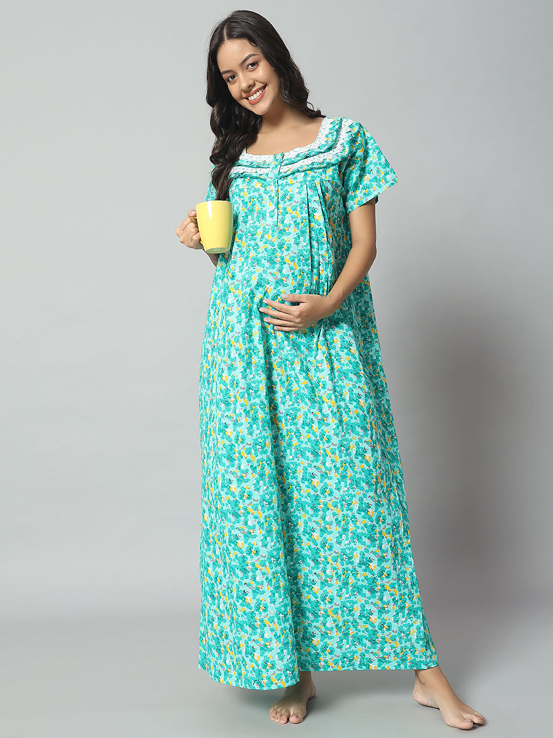 💚 Women Cotton Printed Nighty – Turquoise Floral Short Sleeve Night Gown