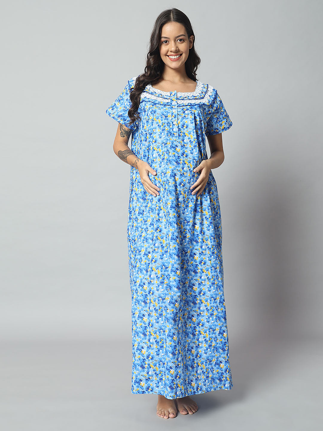 💙 Women Cotton Printed Nighty – Blue Floral Short Sleeve Night Gown