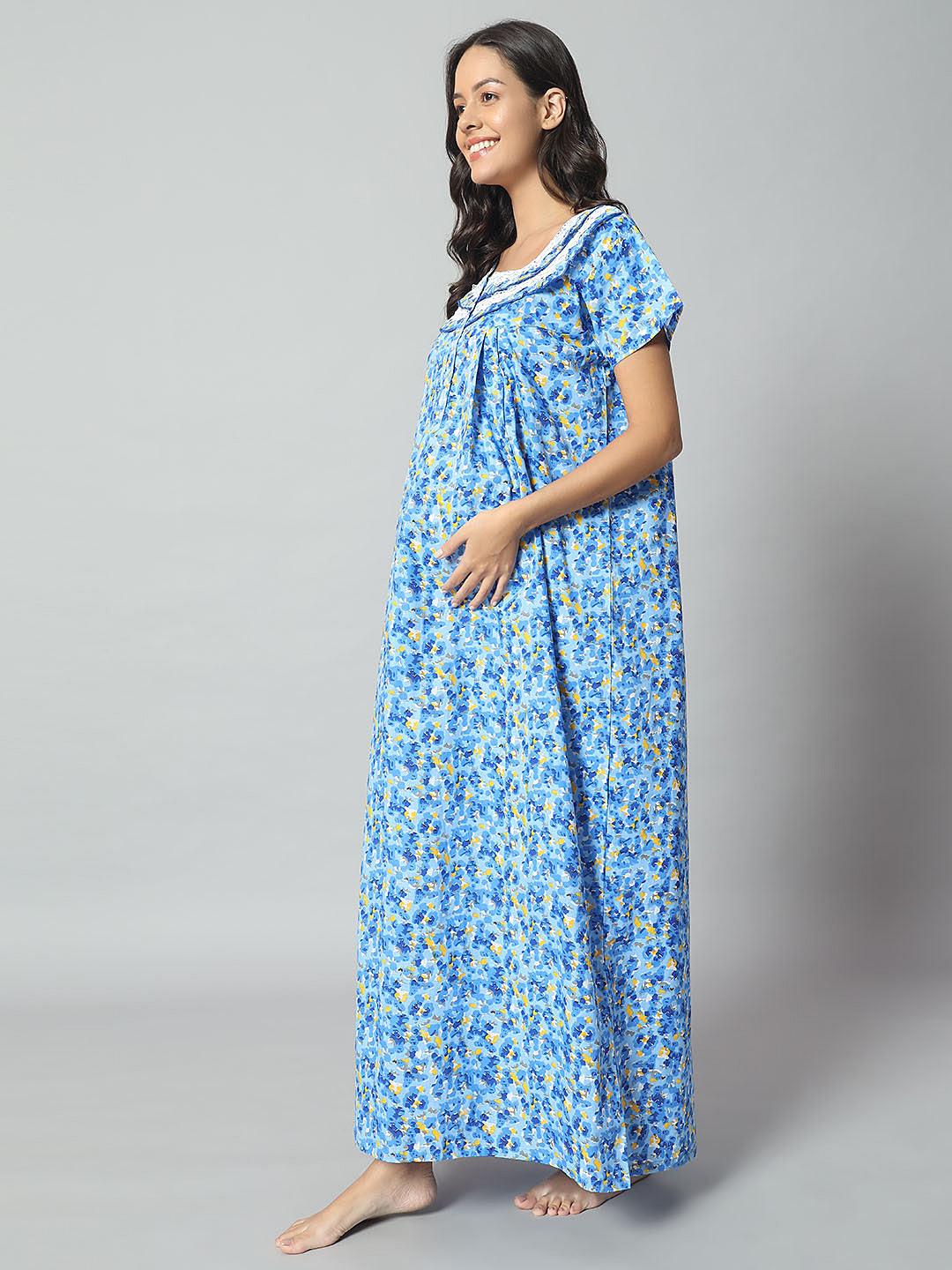 💙 Women Cotton Printed Nighty – Blue Floral Short Sleeve Night Gown