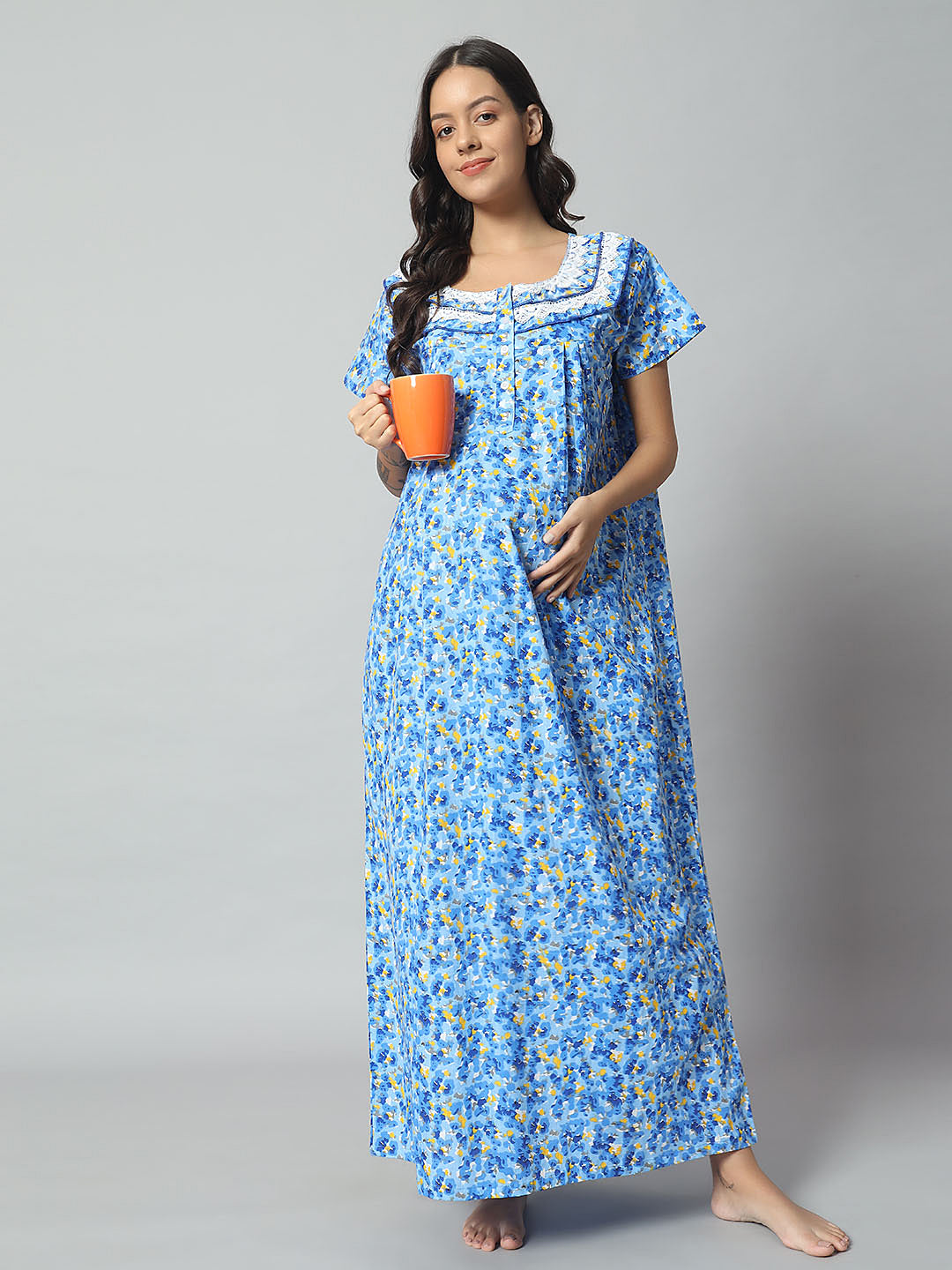 💙 Women Cotton Printed Nighty – Blue Floral Short Sleeve Night Gown
