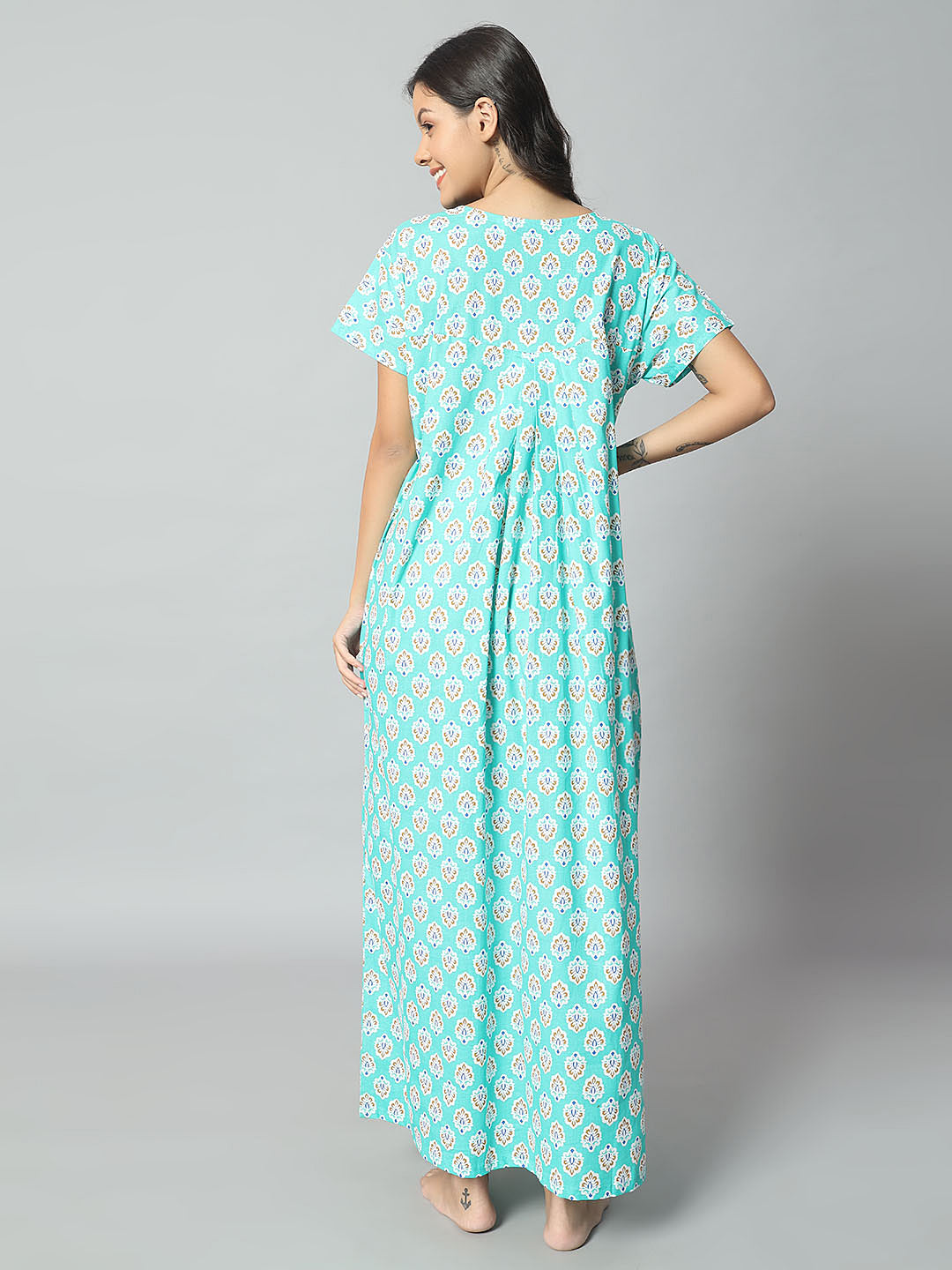 Women Cotton Printed Nighty – Mint Green Floral Short Sleeve Night Gown