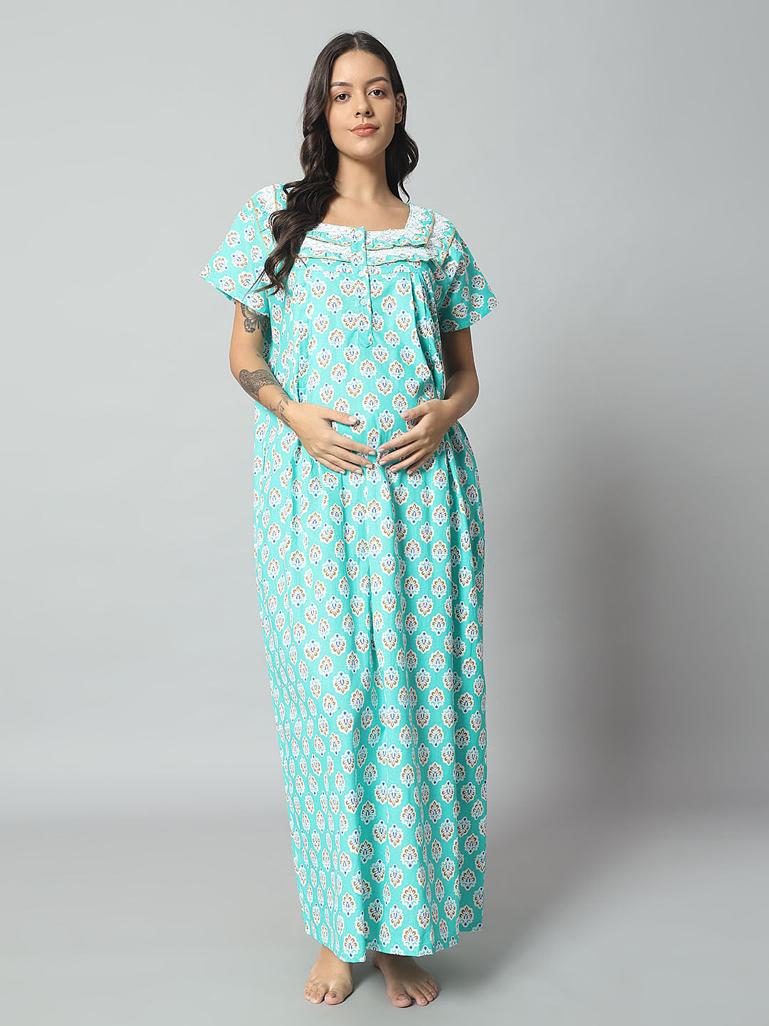 💚 Women Cotton Printed Nighty – Mint Green Floral Short Sleeve Night Gown