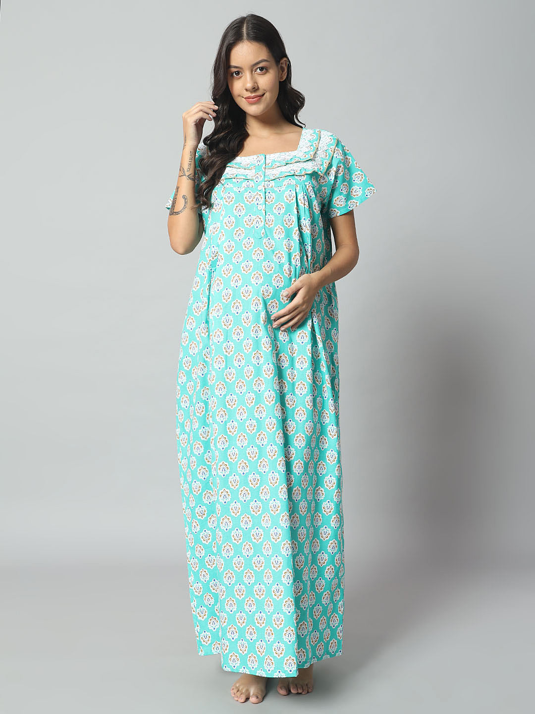 Women Cotton Printed Nighty – Mint Green Floral Short Sleeve Night Gown