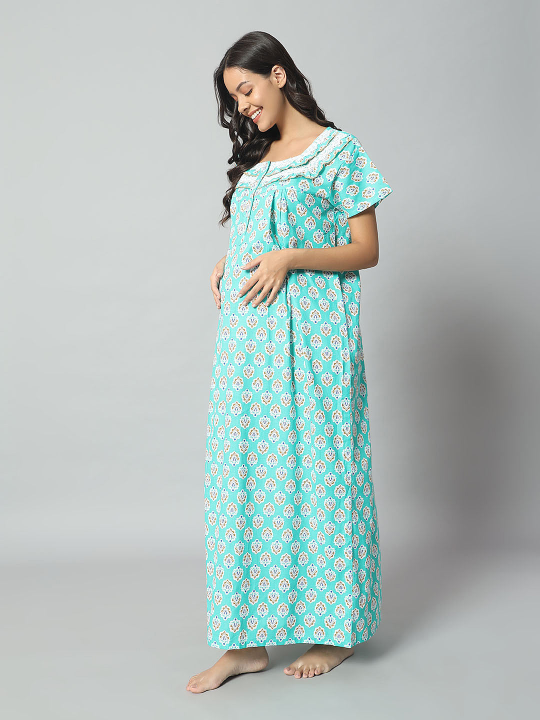 Women Cotton Printed Nighty – Mint Green Floral Short Sleeve Night Gown