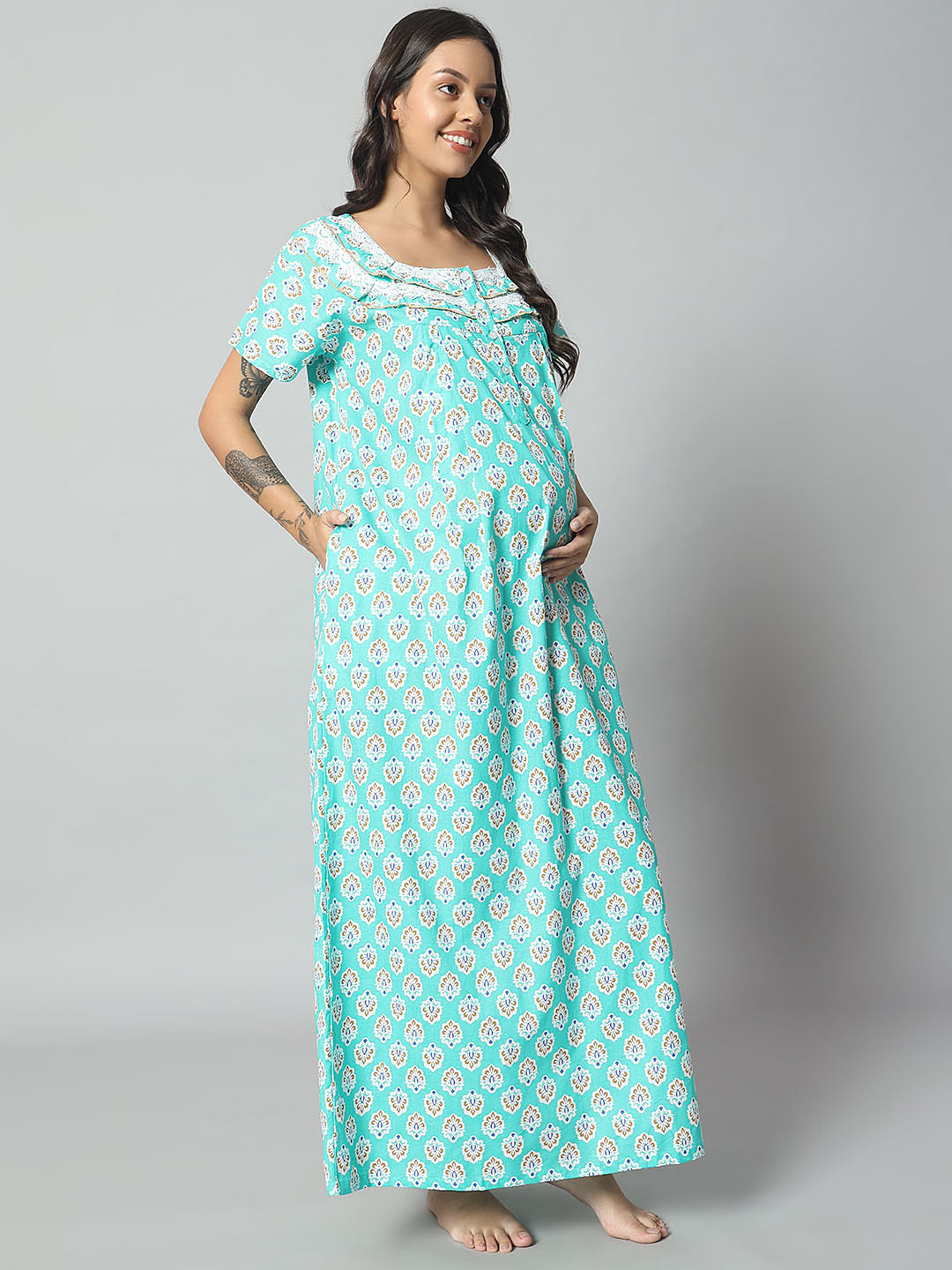 Women Cotton Printed Nighty – Mint Green Floral Short Sleeve Night Gown