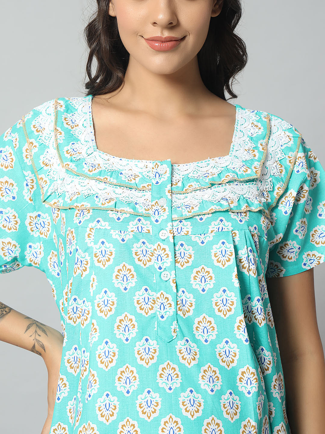 Women Cotton Printed Nighty – Mint Green Floral Short Sleeve Night Gown