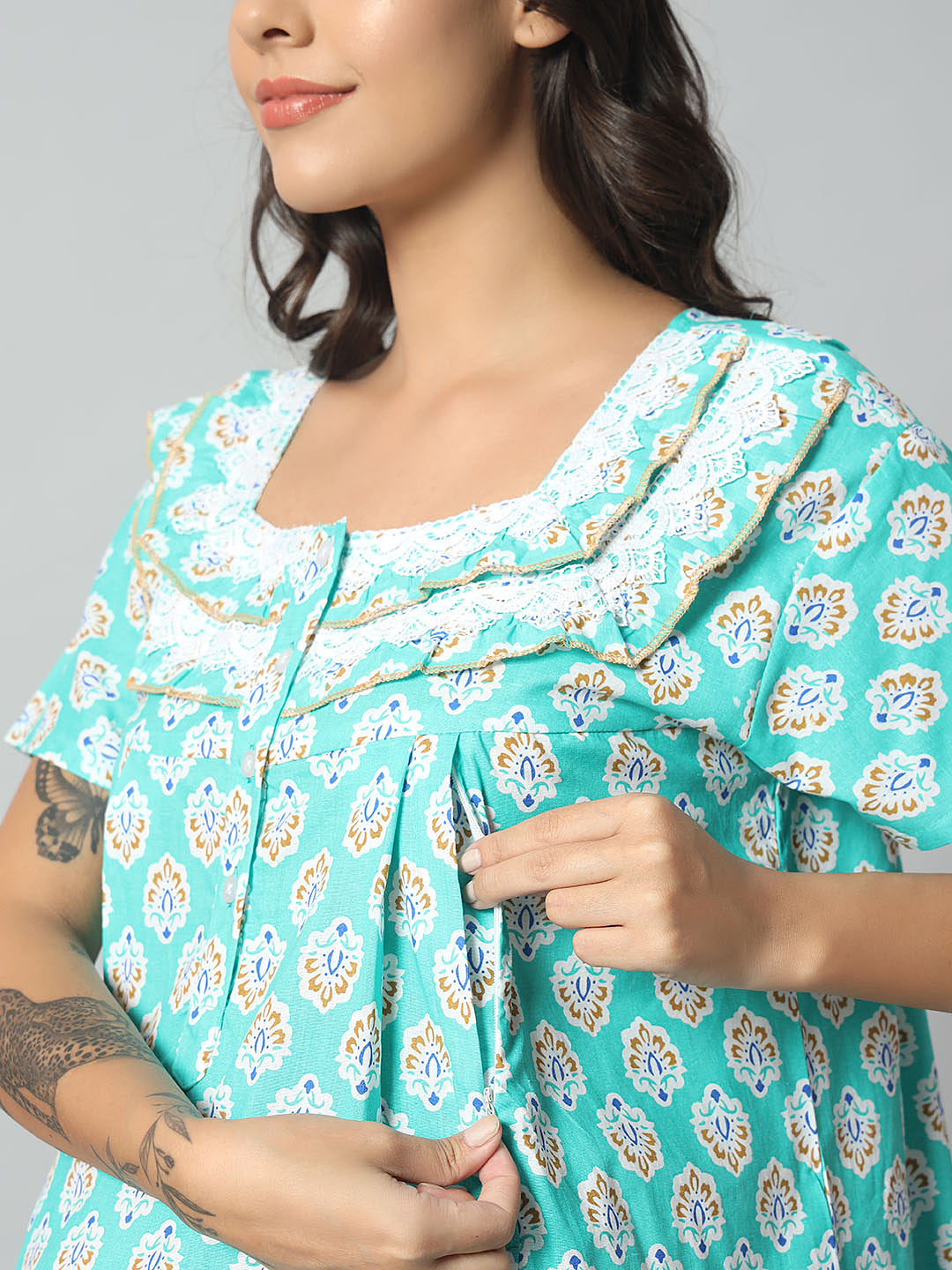 Women Cotton Printed Nighty – Mint Green Floral Short Sleeve Night Gown