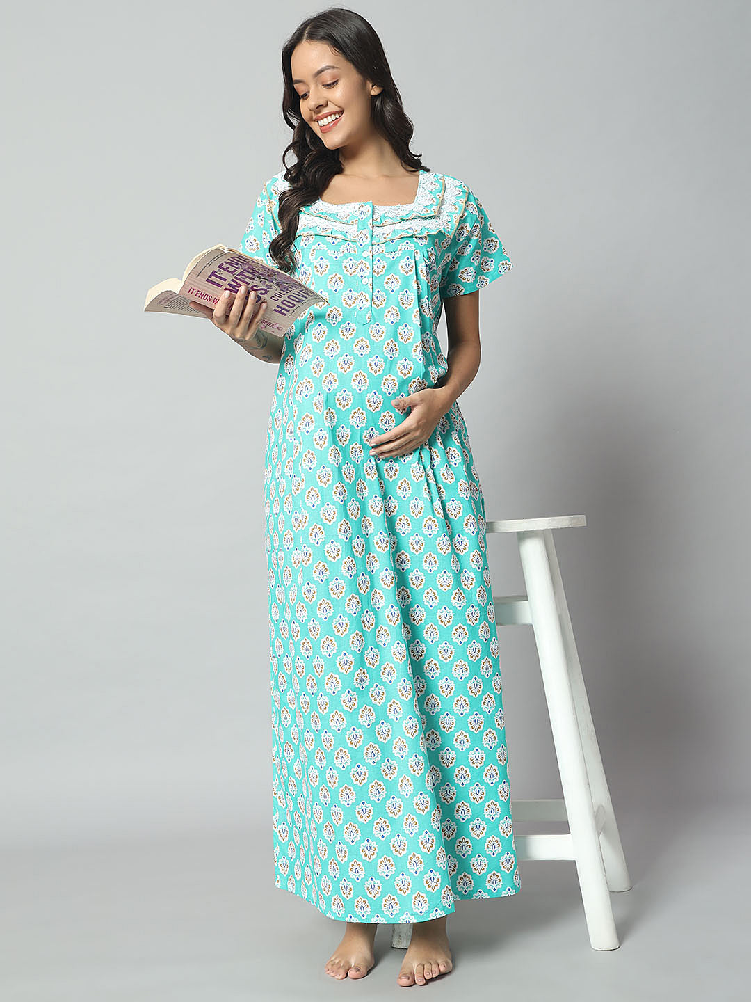 💚 Women Cotton Printed Nighty – Mint Green Floral Short Sleeve Night Gown