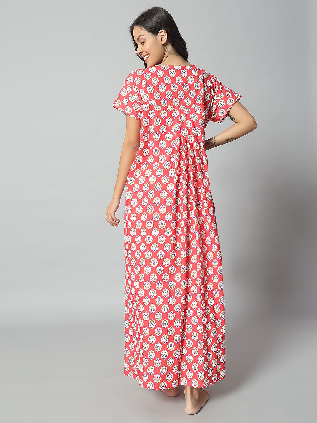 Women Cotton Printed Nighty – Red Floral Short Sleeve Night Gown