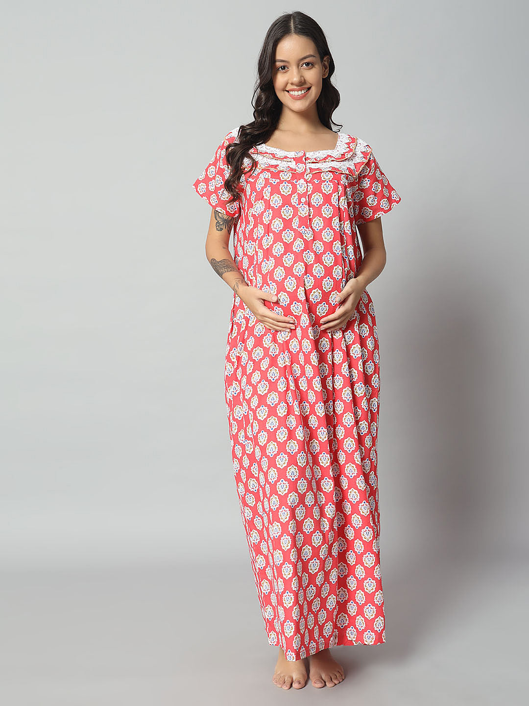 Women Cotton Printed Nighty – Red Floral Short Sleeve Night Gown