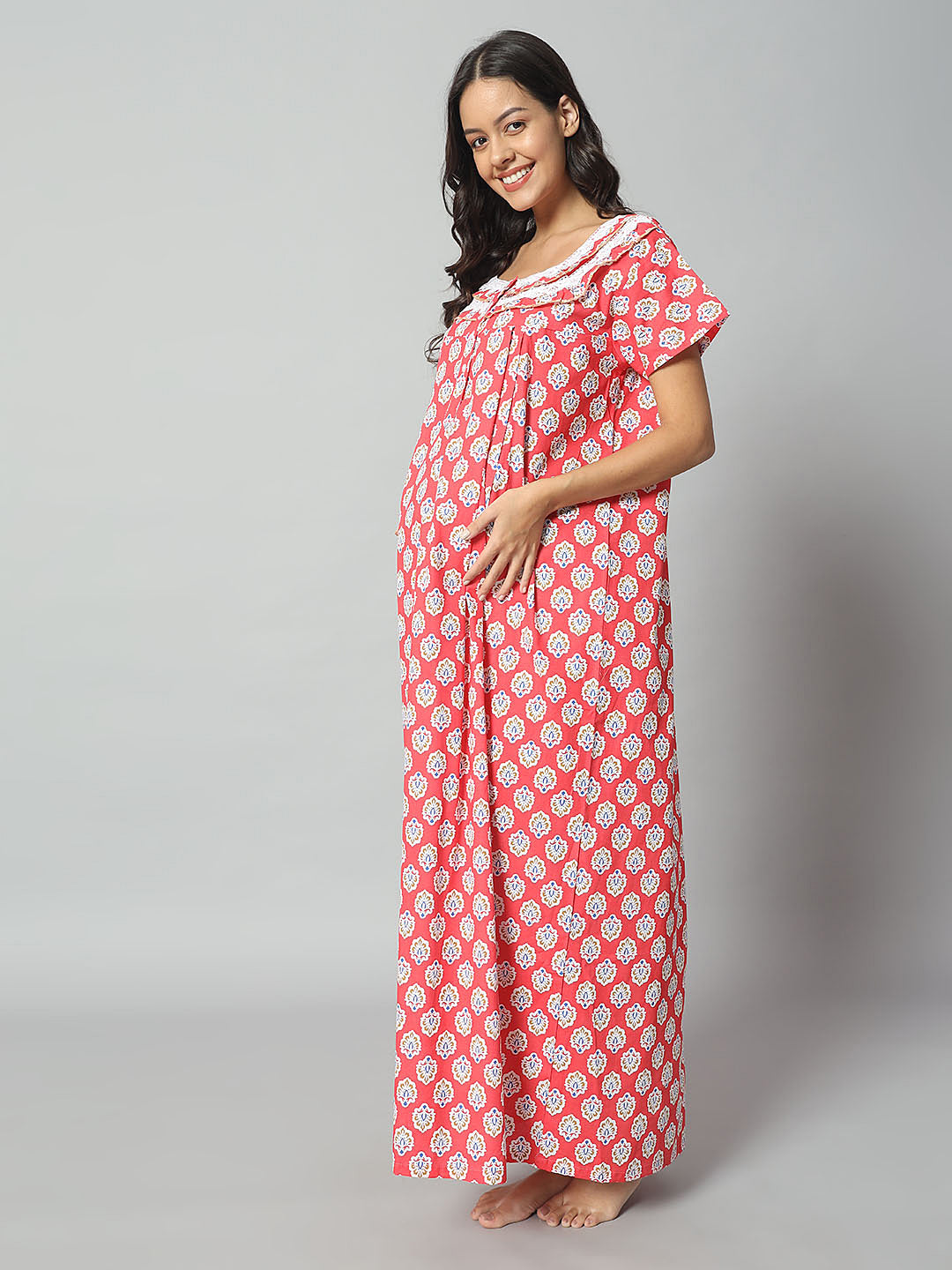 Women Cotton Printed Nighty – Red Floral Short Sleeve Night Gown