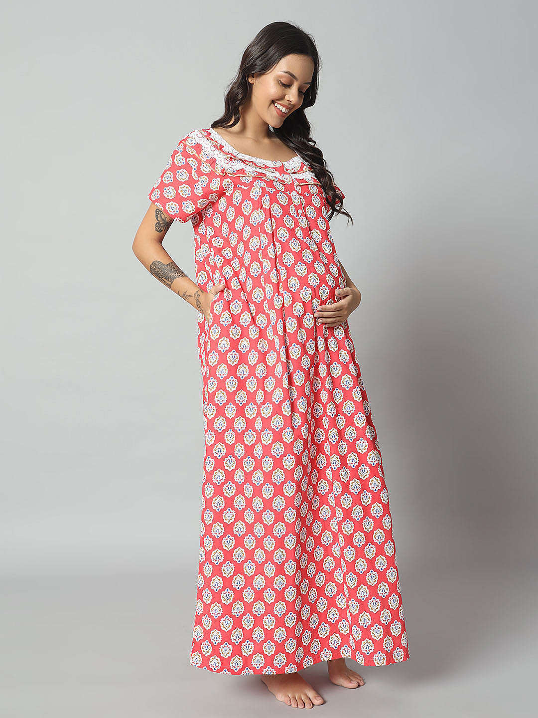 Women Cotton Printed Nighty – Red Floral Short Sleeve Night Gown