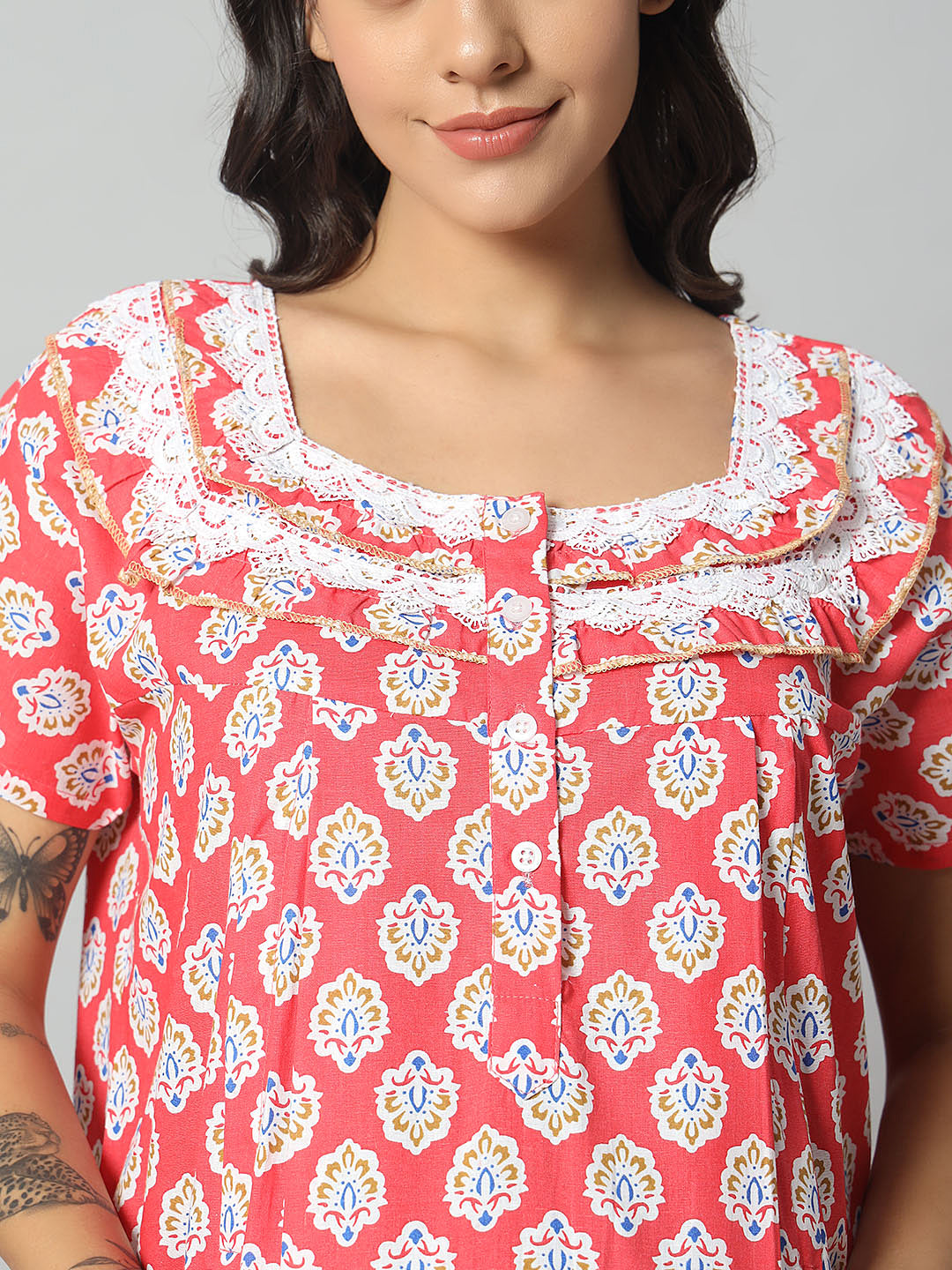 Women Cotton Printed Nighty – Red Floral Short Sleeve Night Gown