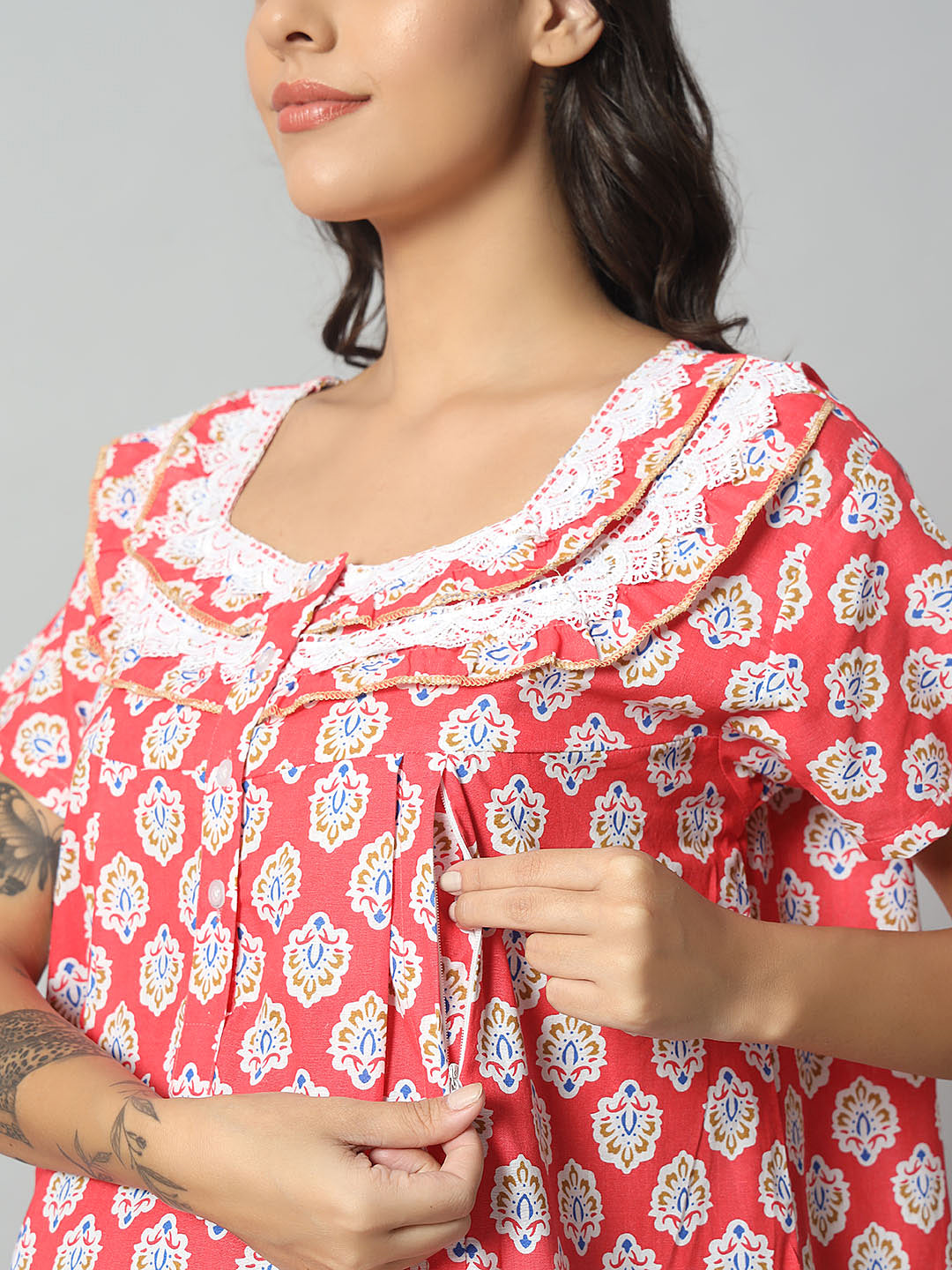 Women Cotton Printed Nighty – Red Floral Short Sleeve Night Gown