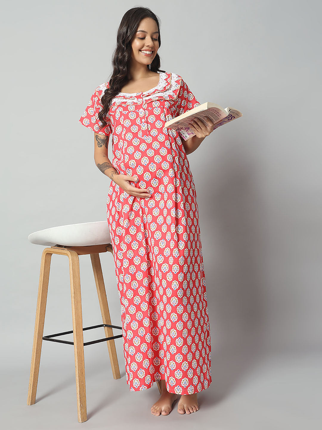 Women Cotton Printed Nighty – Red Floral Short Sleeve Night Gown
