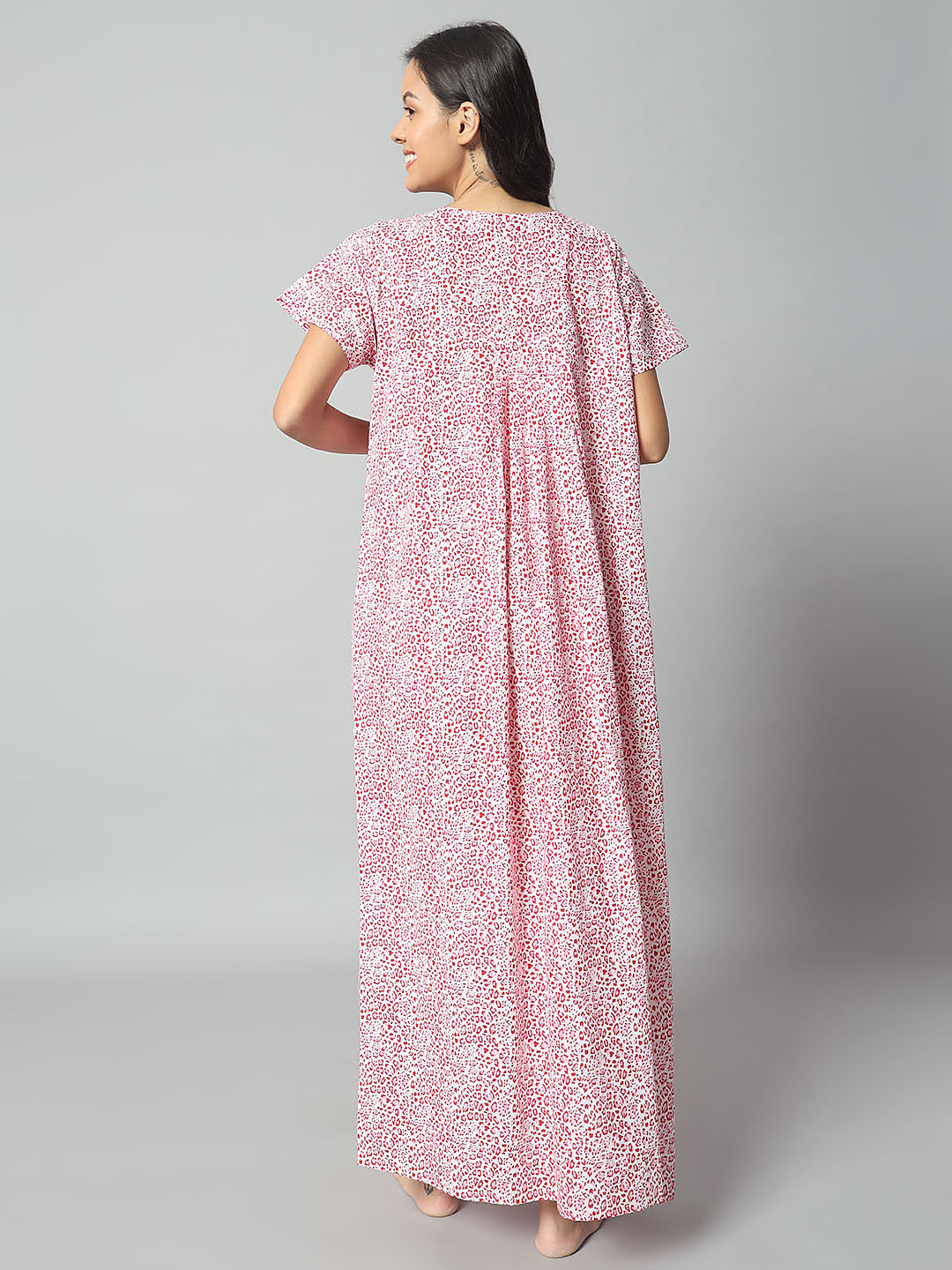 Women’s Cotton Printed Nighty – Pink & White Animal Print, Short Sleeve