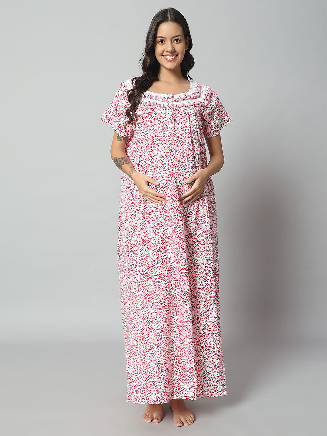 Women’s Cotton Printed Nighty – Pink & White Animal Print, Short Sleeve