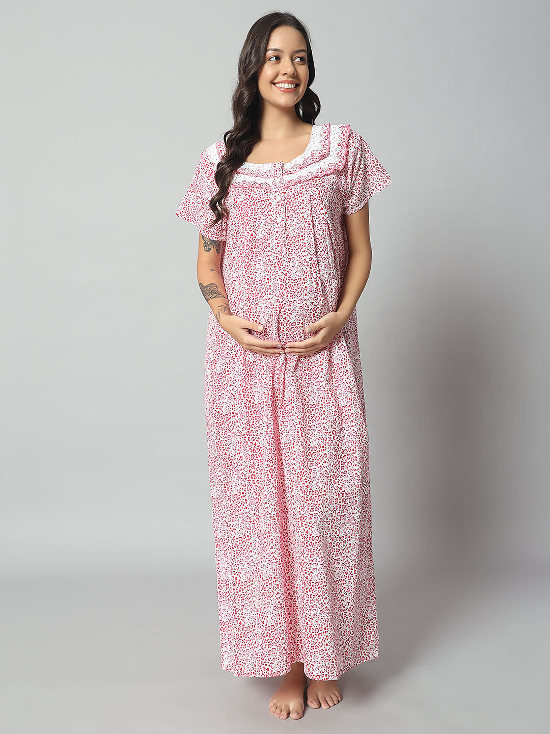 Women’s Cotton Printed Nighty – Pink & White Animal Print, Short Sleeve