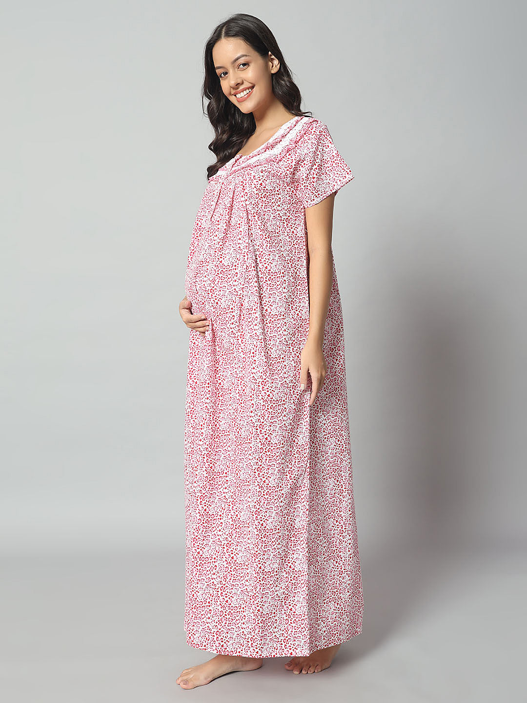 Women’s Cotton Printed Nighty – Pink & White Animal Print, Short Sleeve