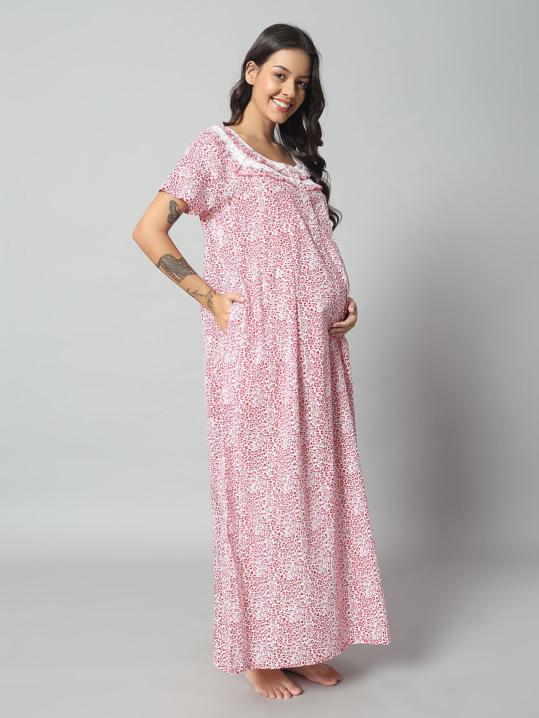 Women’s Cotton Printed Nighty – Pink & White Animal Print, Short Sleeve