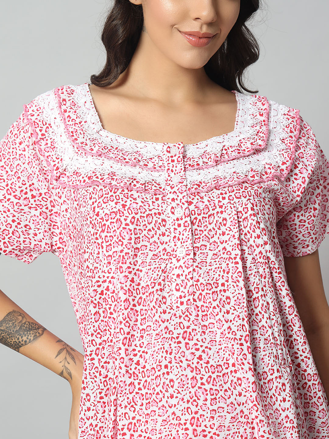 Women’s Cotton Printed Nighty – Pink & White Animal Print, Short Sleeve