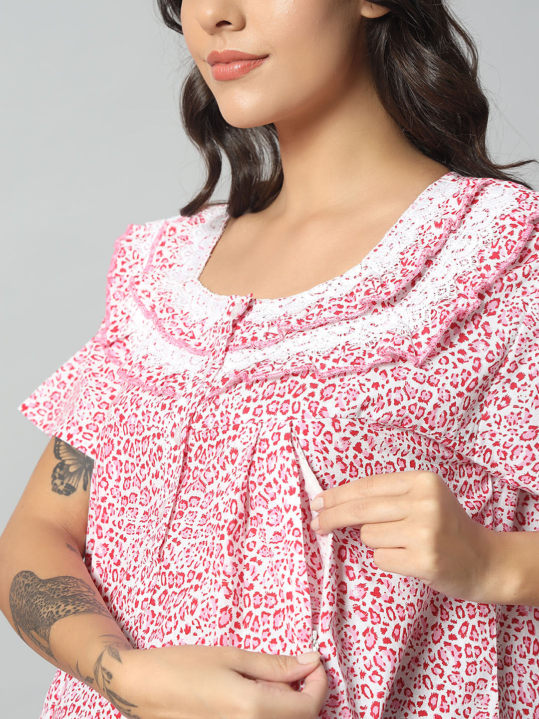 Women’s Cotton Printed Nighty – Pink & White Animal Print, Short Sleeve