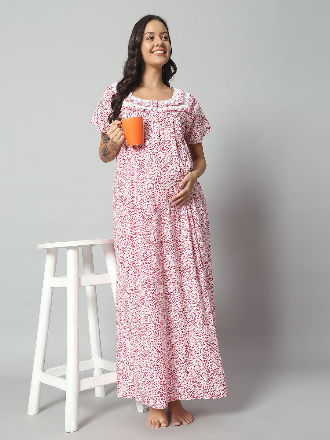 Women’s Cotton Printed Nighty – Pink & White Animal Print, Short Sleeve
