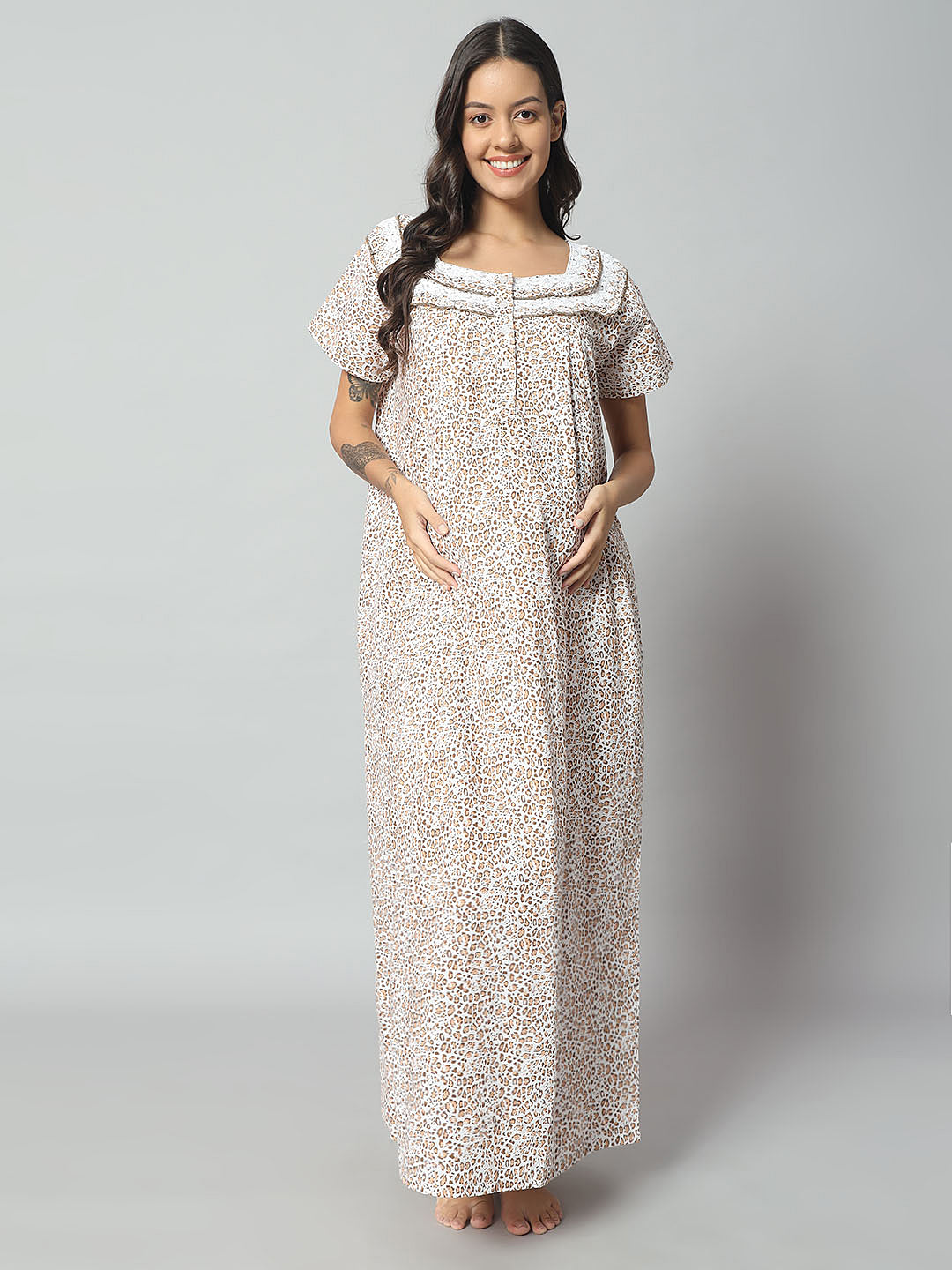 🤍 Women Cotton Printed Nighty – Cream Animal Print Short Sleeve Night Gown