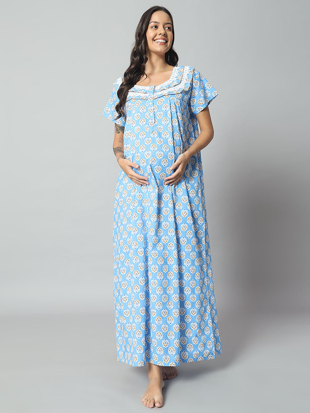 💙 Women Cotton Printed Nighty – Blue Floral Short Sleeve Night Gown