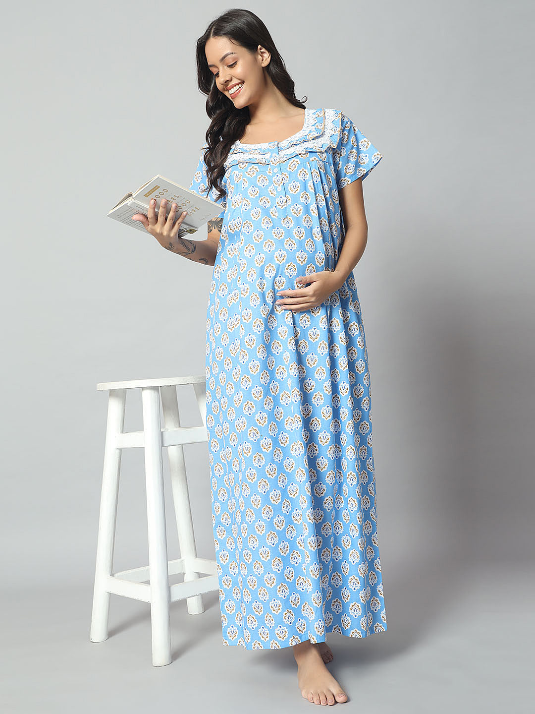 💙 Women Cotton Printed Nighty – Blue Floral Short Sleeve Night Gown