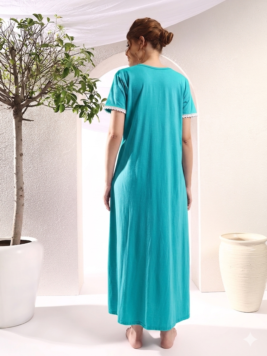 Teal with Lace Yoke Cotton Maxi Nightwear for Women