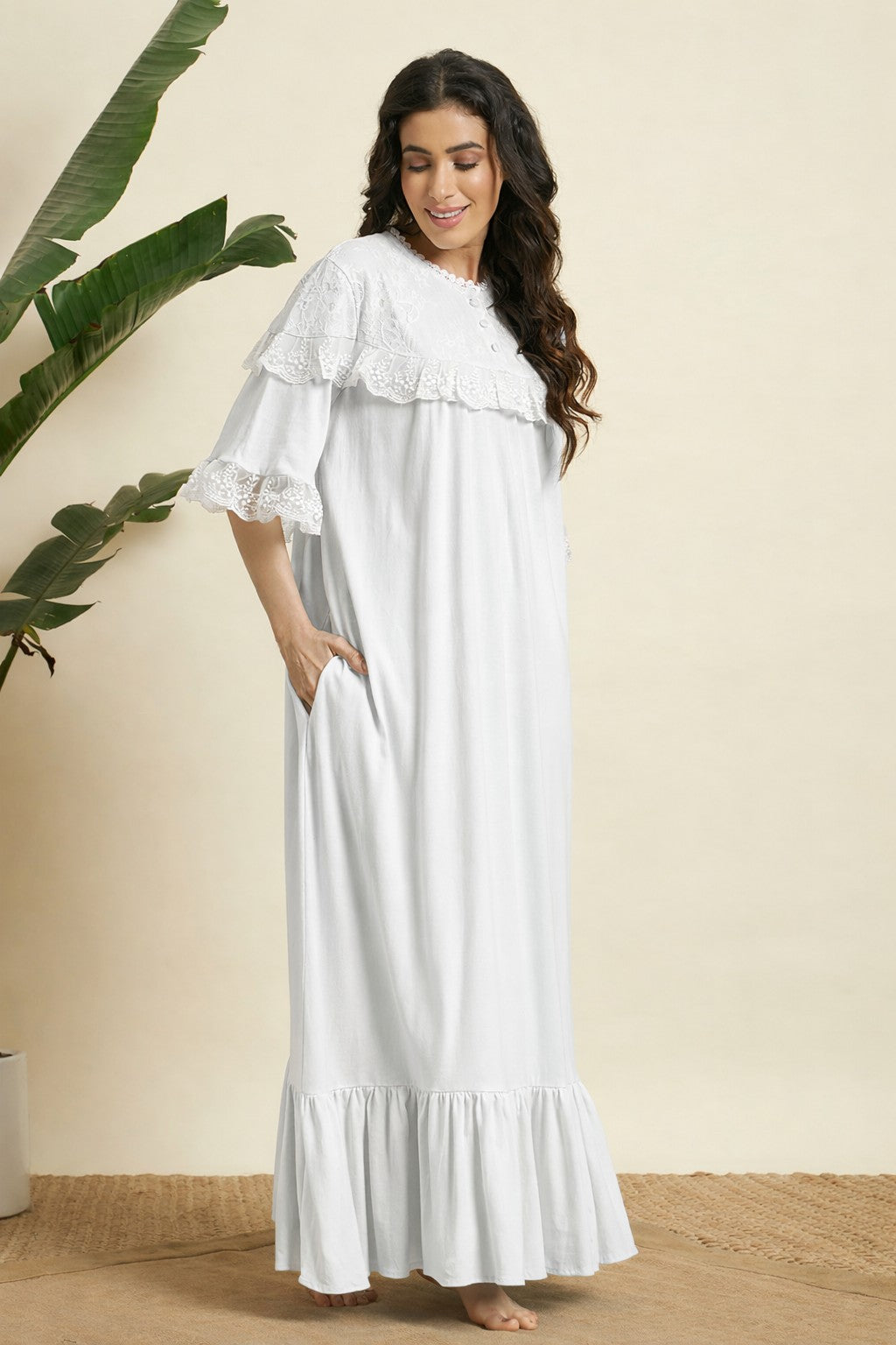 Classic White Lace Yoke Cotton Nighty – Elegant Full-Length Comfort Wear