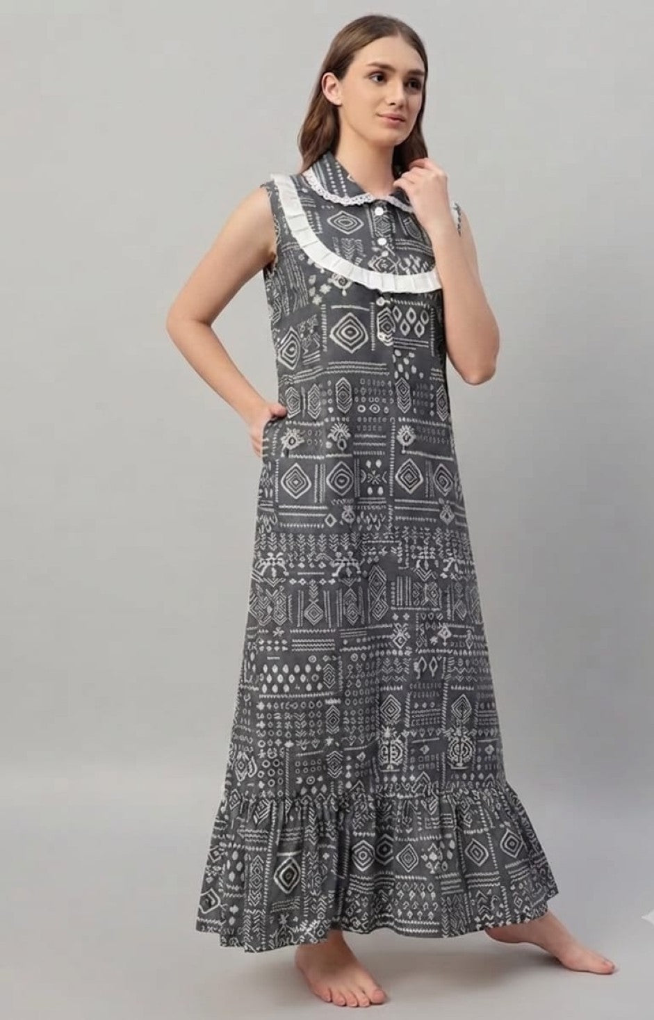 Sephani Pure Cotton Sleeveless Grey Printed Nighty for Women with Frill Hem | Soft & Breathable Night Gown