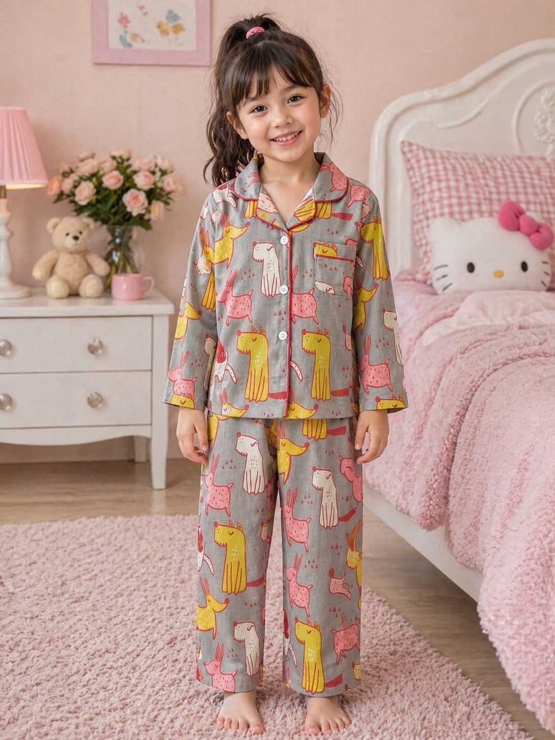 Kids Printed Night Suit Set Girls Cotton Nightwear Soft & Comfortable Sleepwear