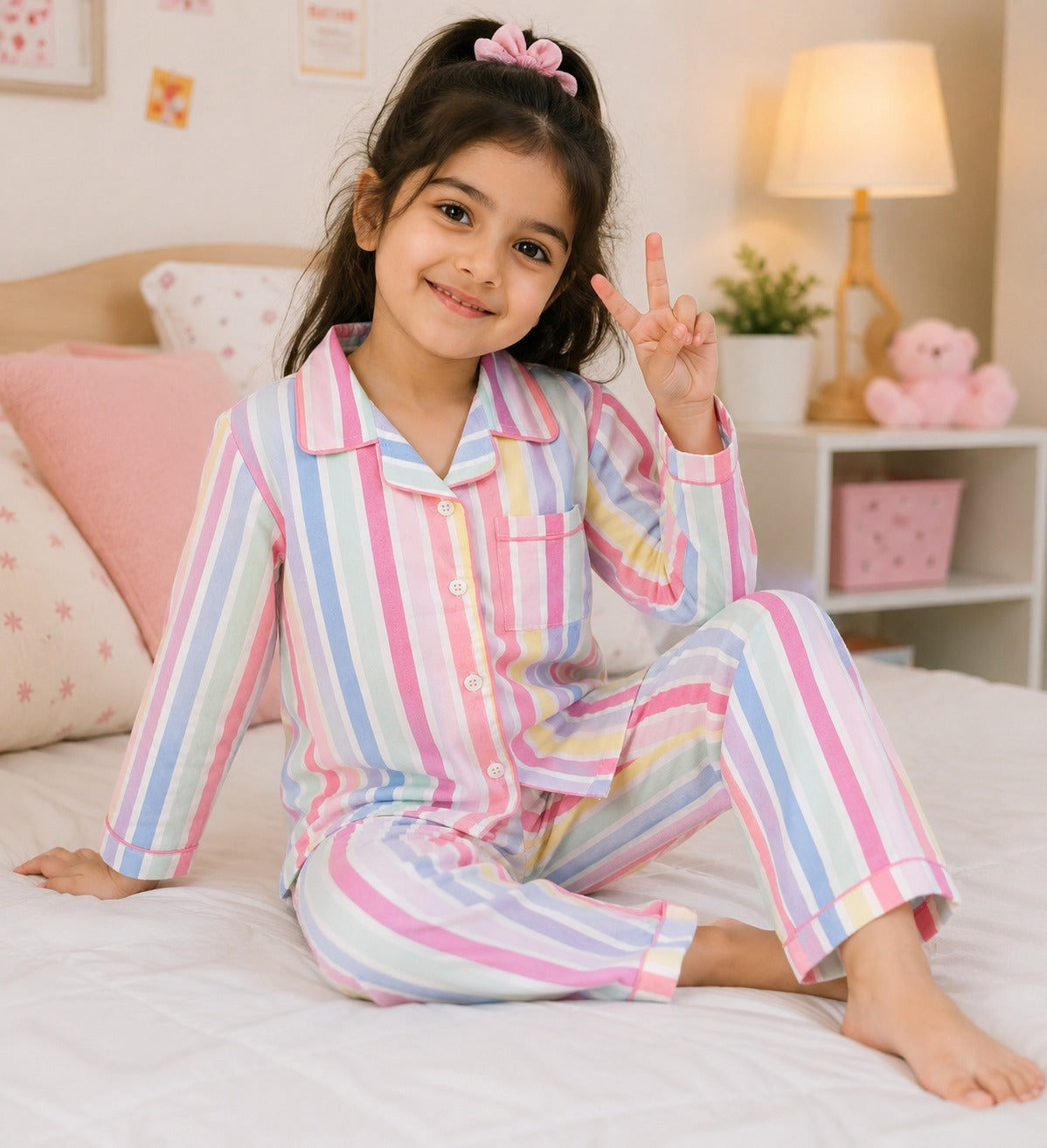 💕Kids Rainbow Print Night Suit Set | Cute Printed Cotton Pajama Set for Girls| Soft & Comfortable Sleepwear