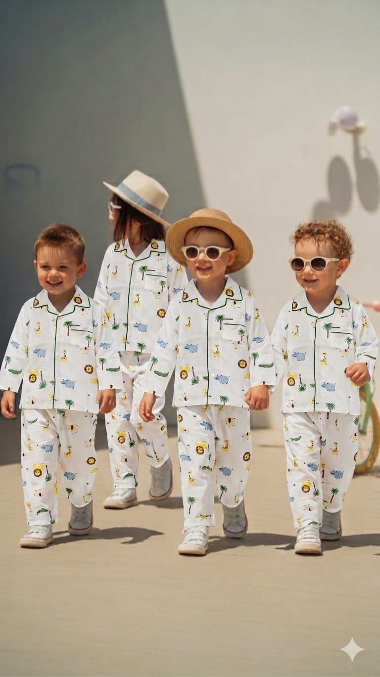 🌳🌴💖Kids Jungle Animal Print Night Suit Set | Cute Cotton Pajama Set for Boys | Soft & Comfortable Sleepwear