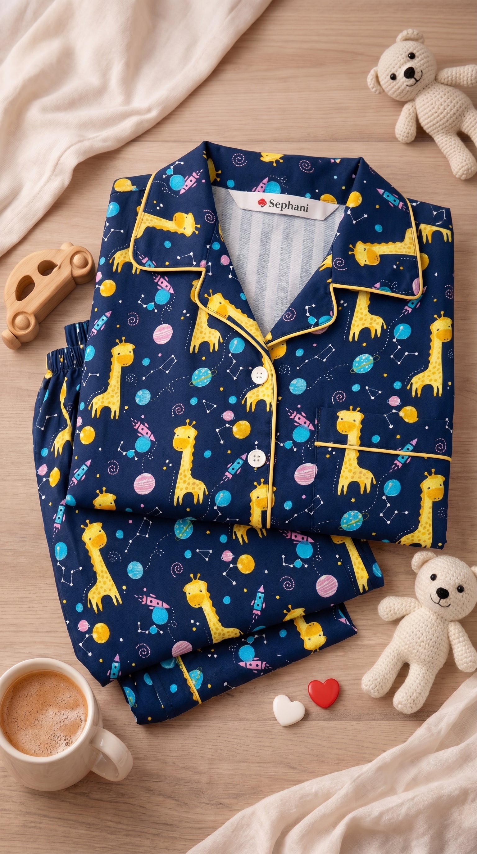 Giraffe Kids Night Suit – Soft Cotton Space Print Pajama Set