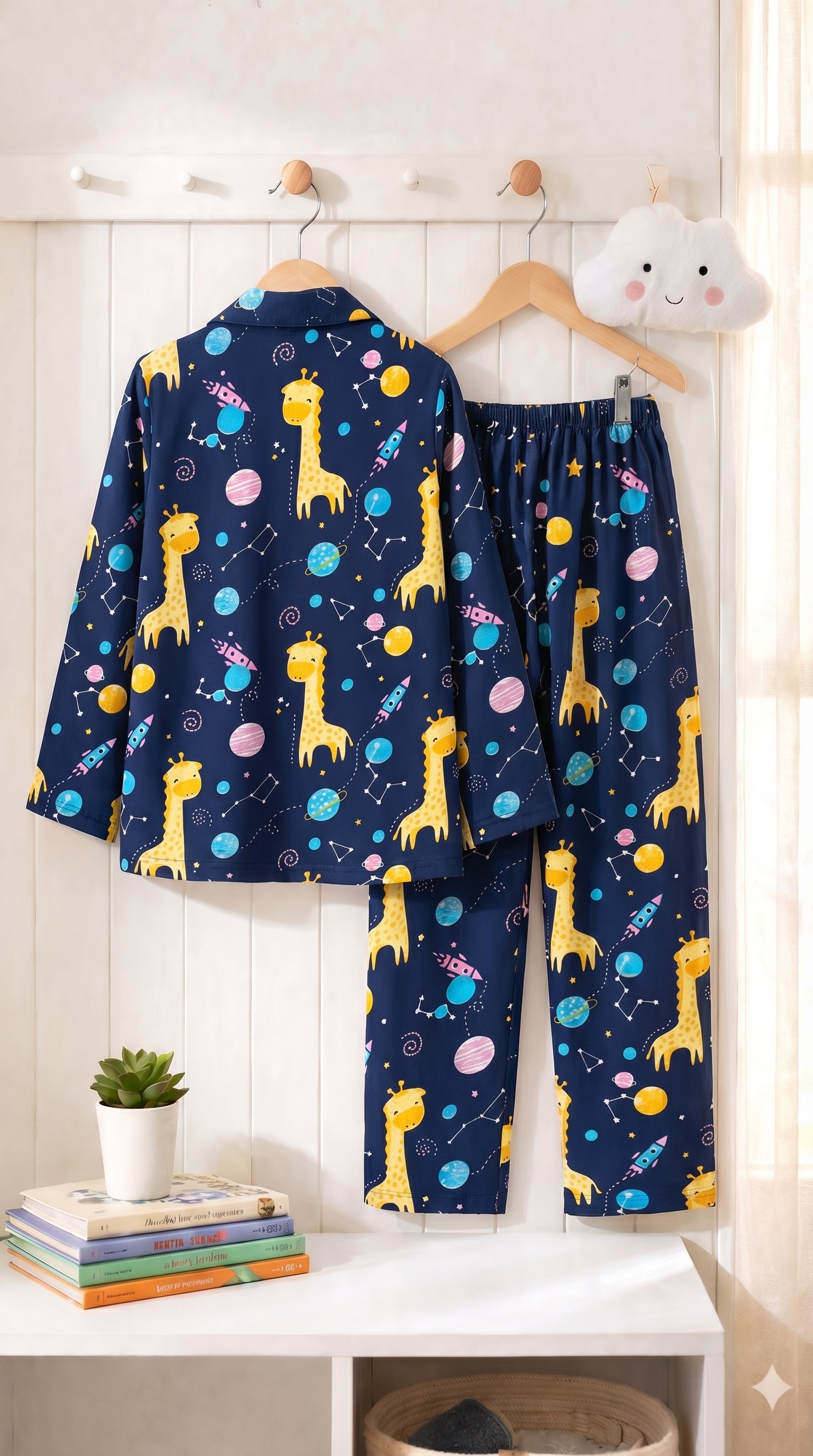 Giraffe Kids Night Suit – Soft Cotton Space Print Pajama Set