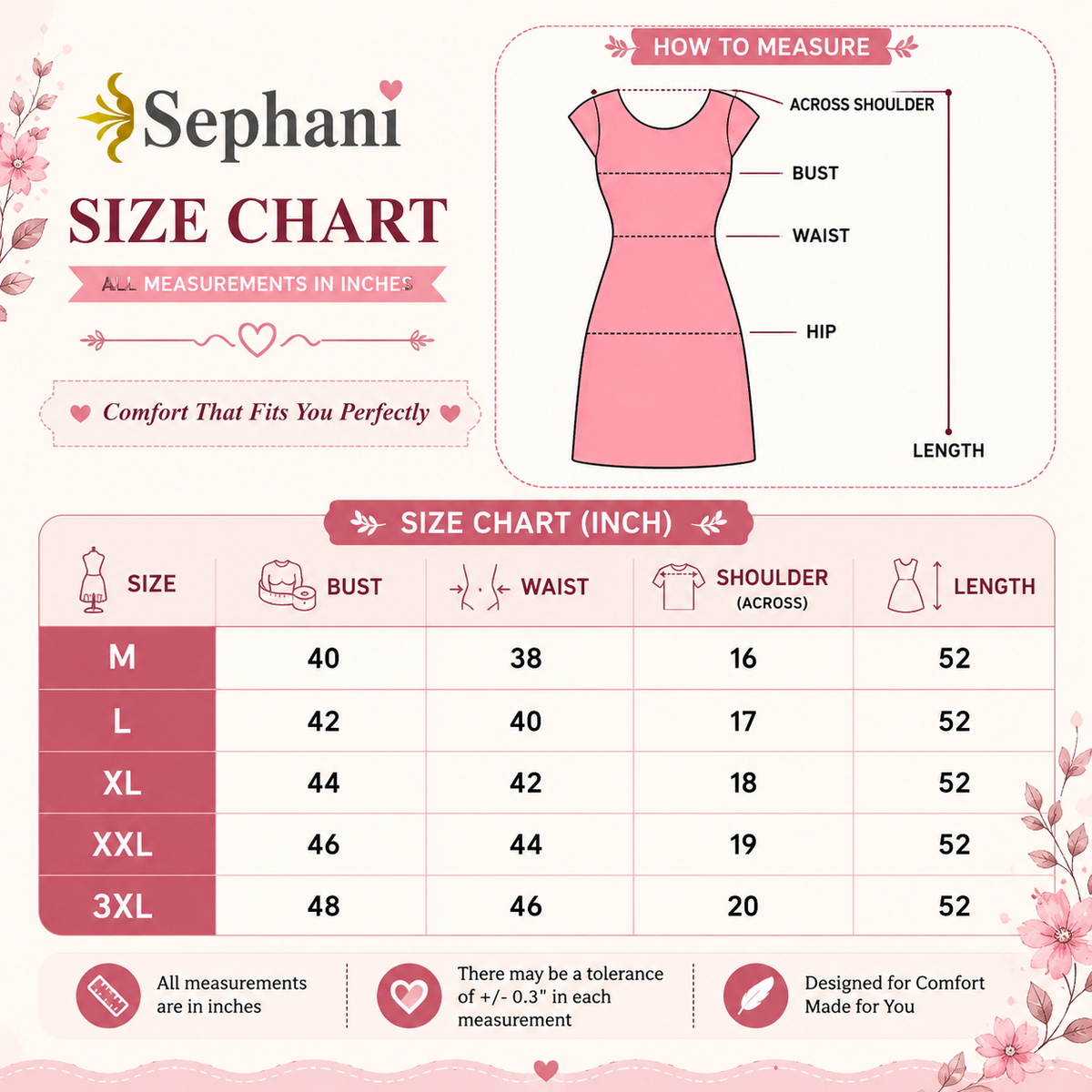 A Sephani size chart infographic for women's apparel, showing a pink dress diagram with measurement lines and a table listing sizes M through 3XL with corresponding bust, waist, shoulder, and length measurements in inches.