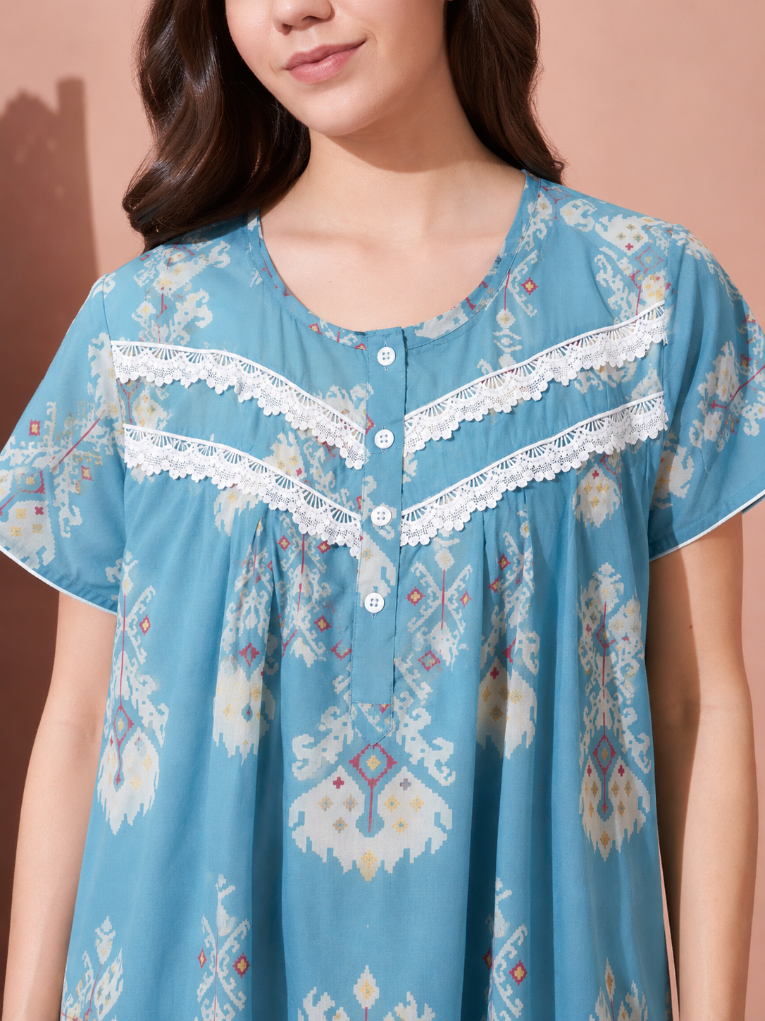 Women's Sky Blue Ethnic Printed Cotton Nighty with Lace Yoke | Short Sleeve Full Length Night Gown