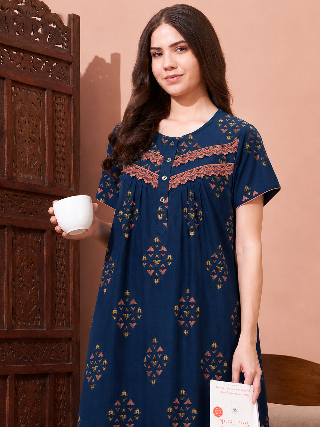 Women's Navy Blue Geometric Printed Cotton Nighty with Lace Yoke | Short Sleeve Full Length Night Gown