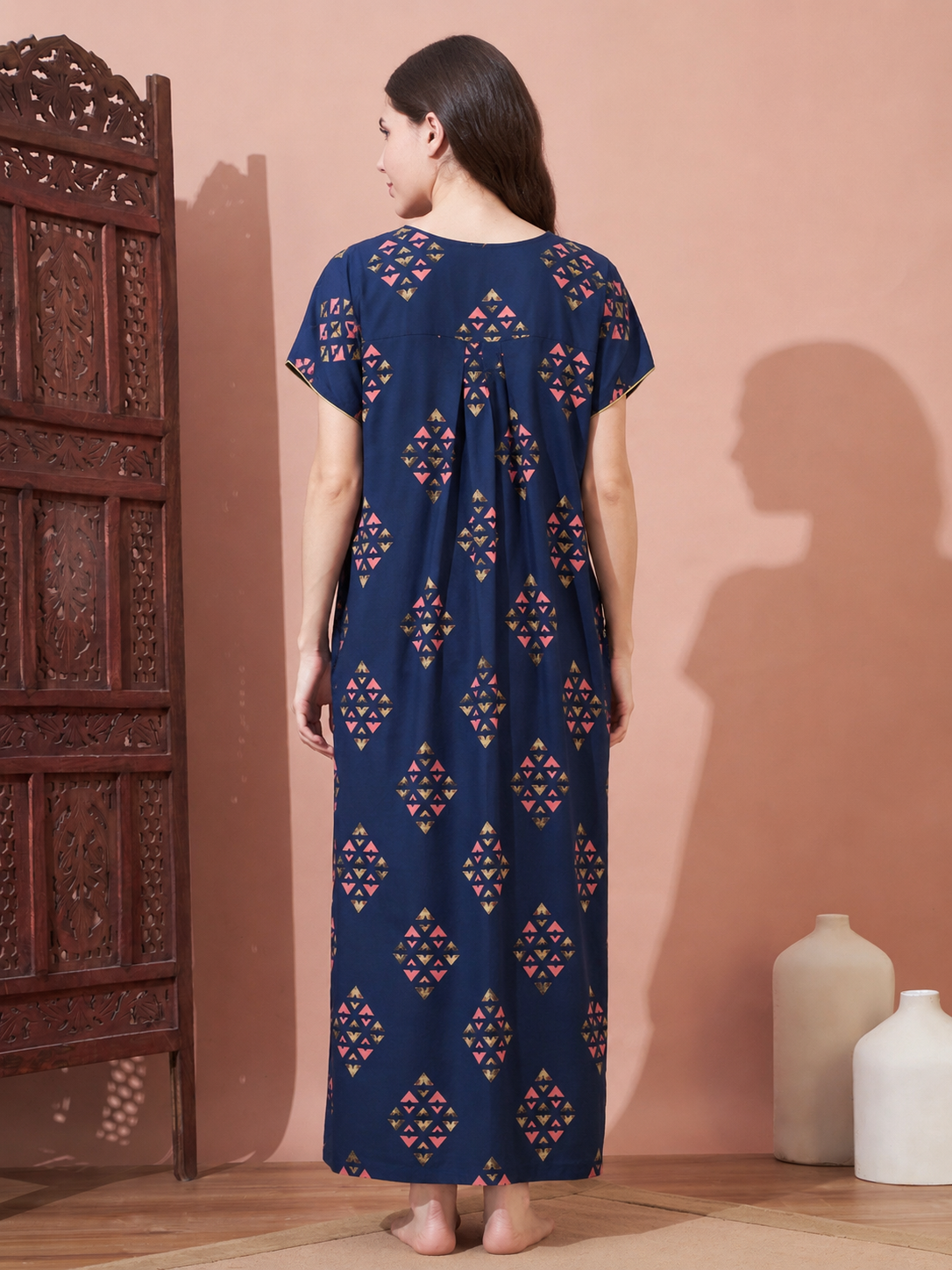 Women's Navy Blue Geometric Printed Cotton Nighty with Lace Yoke | Short Sleeve Full Length Night Gown
