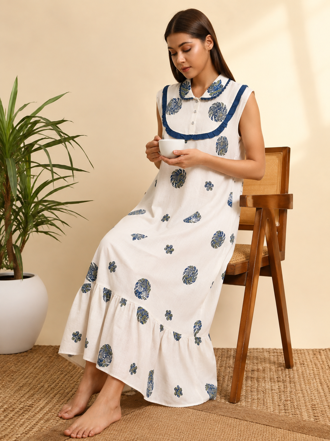 A woman wearing a sleeveless white maxi nightgown with blue floral block prints and a blue collar, sitting on a wooden chair and holding a white cup.