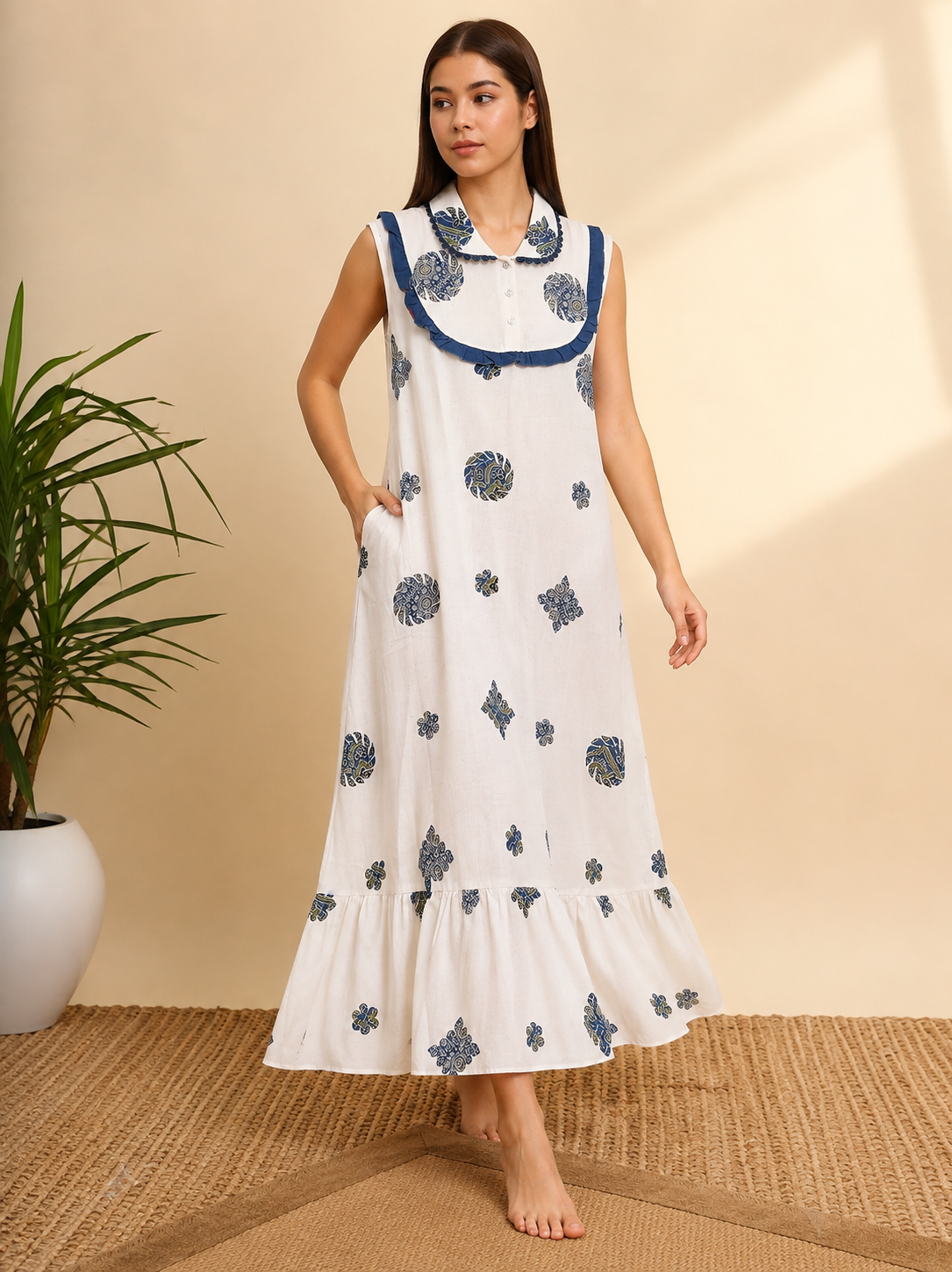 A woman stands barefoot indoors wearing a sleeveless white maxi dress with blue floral and geometric prints, a blue collar, and a tiered hem. A potted plant and woven rug are visible in a warm neutral room setting.
