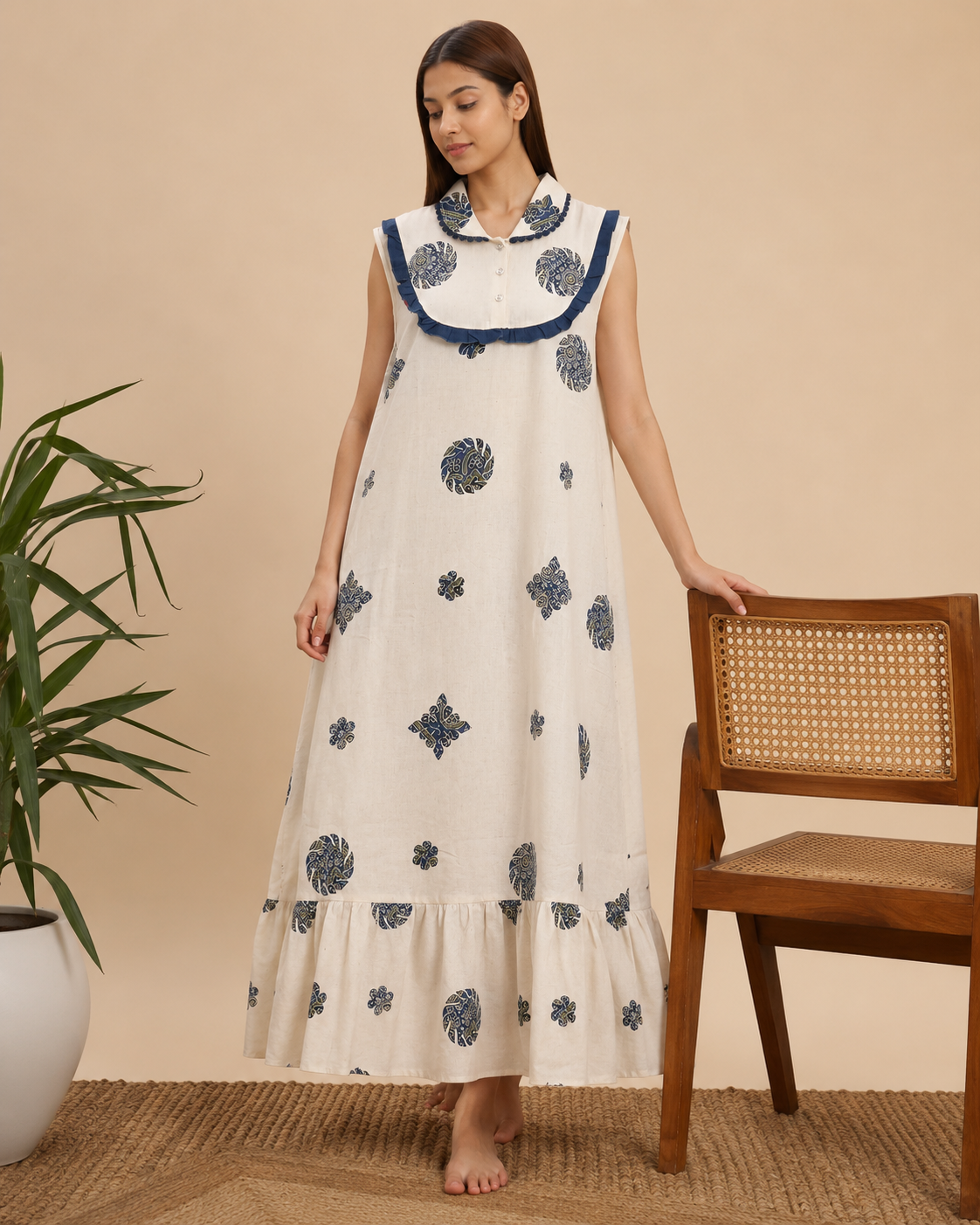 A woman stands barefoot indoors wearing a sleeveless cream maxi dress with blue floral and geometric block prints and a blue collar. She is posed beside a wooden cane-back chair against a warm beige wall, with a potted plant at left.